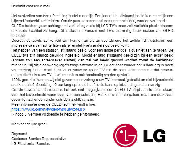 Reactie LG statisch beeld en inbranden oled